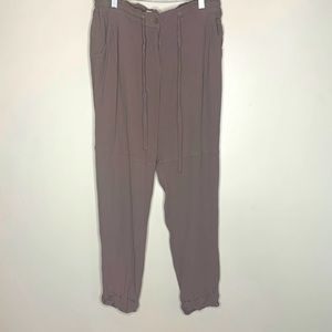 MOD REF | Light Brown Drawstring Waist Button Front Cotton Linen Wide Leg Pants